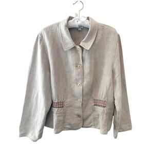 J.JILL | 100% Linen Button Front Jacket Beige Tan Rainbow Smocked Waist | XL